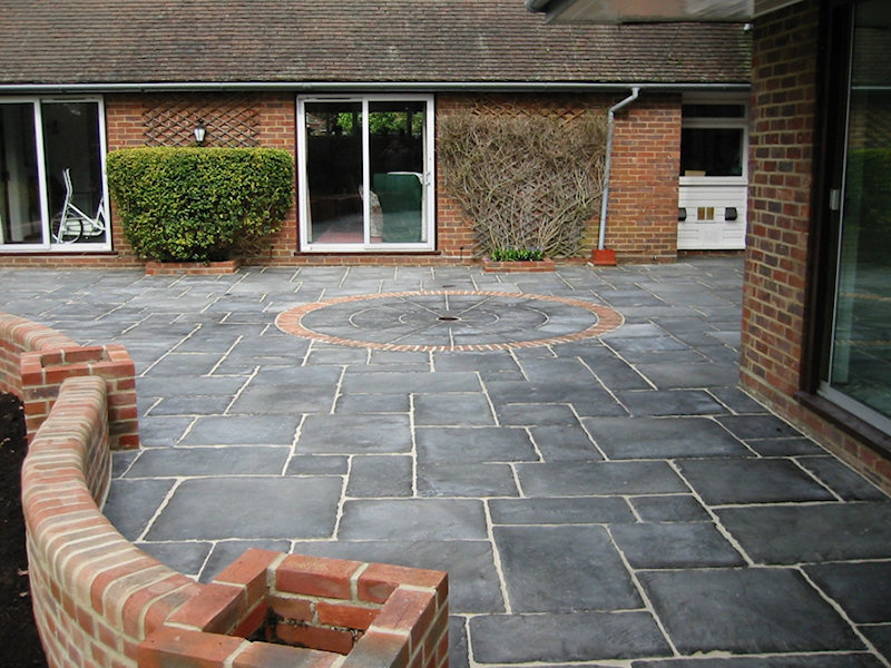 Patio, walls and raised brick planters